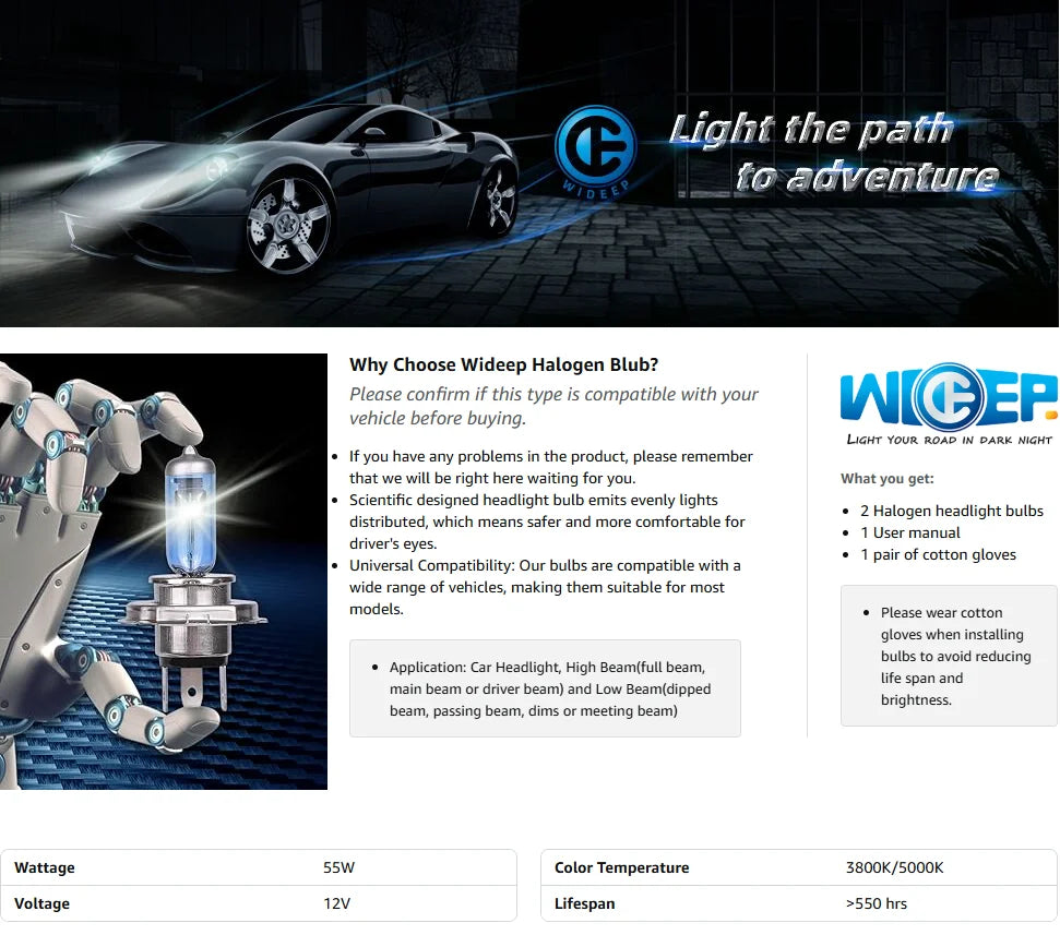 H7 Halogen Headlight Bulbs, Standard High Beam or Low Beam or Fog Light Bulb, DC 12V 55W 5000K White Headlight Replacement Bulbs