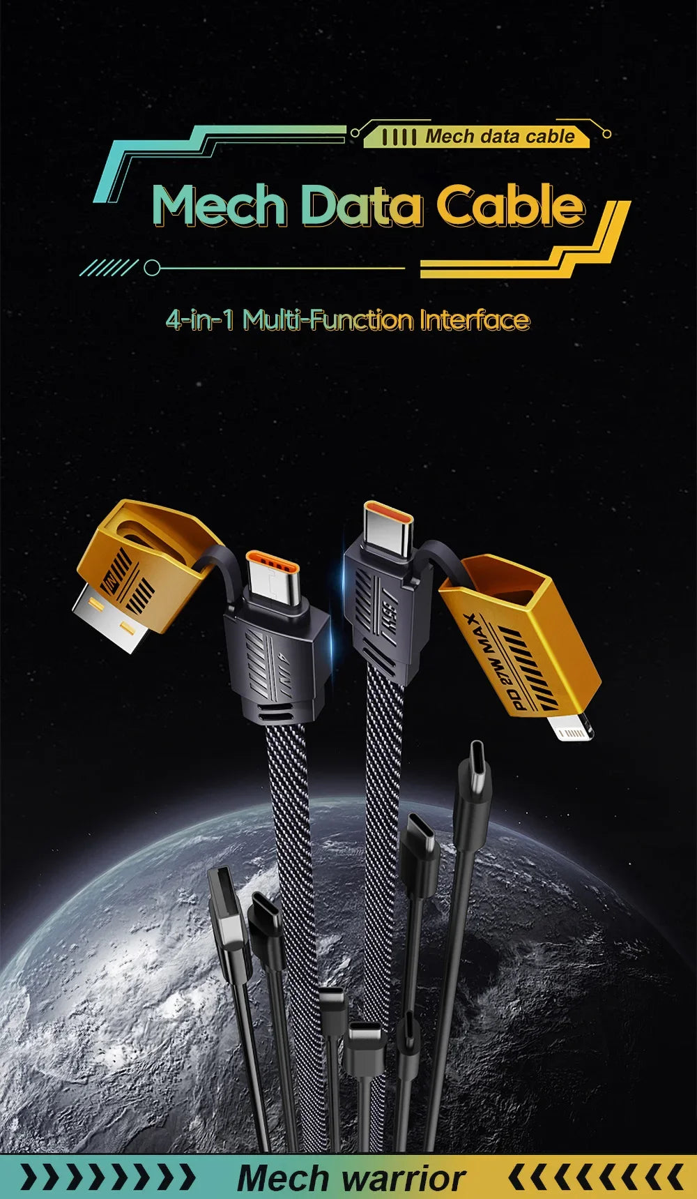 4 in 1 PD 65W 27W USB Cable Type C Dual Connector Lighting Mecha Style Fast Charging USB C Cable For iPhone 15 Samsung Xiaomi