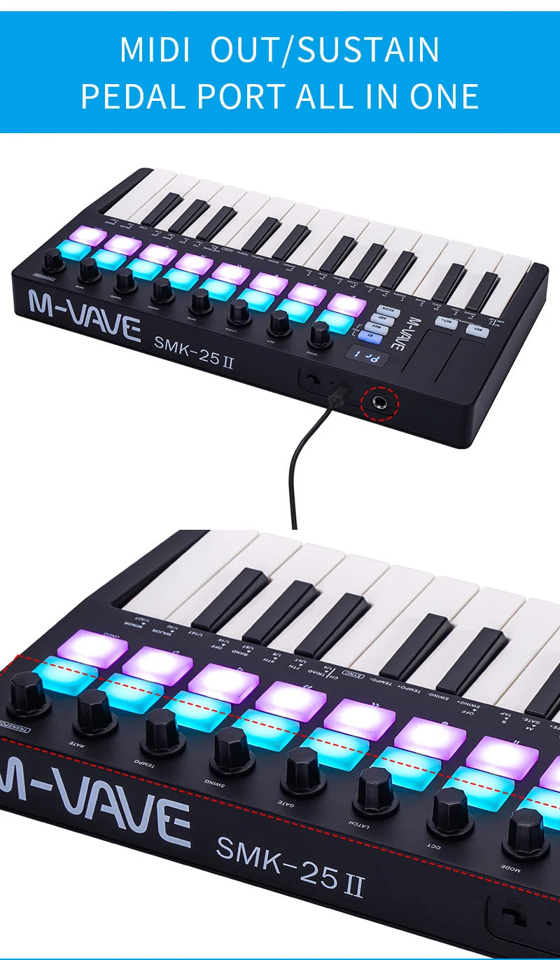M-VAVE SMK-Ⅱ 25 Key MIDI Keyboard Controller With 16 RGB Drum Pads, Bluetooth Semi Weighted Professional dynamic keybed
