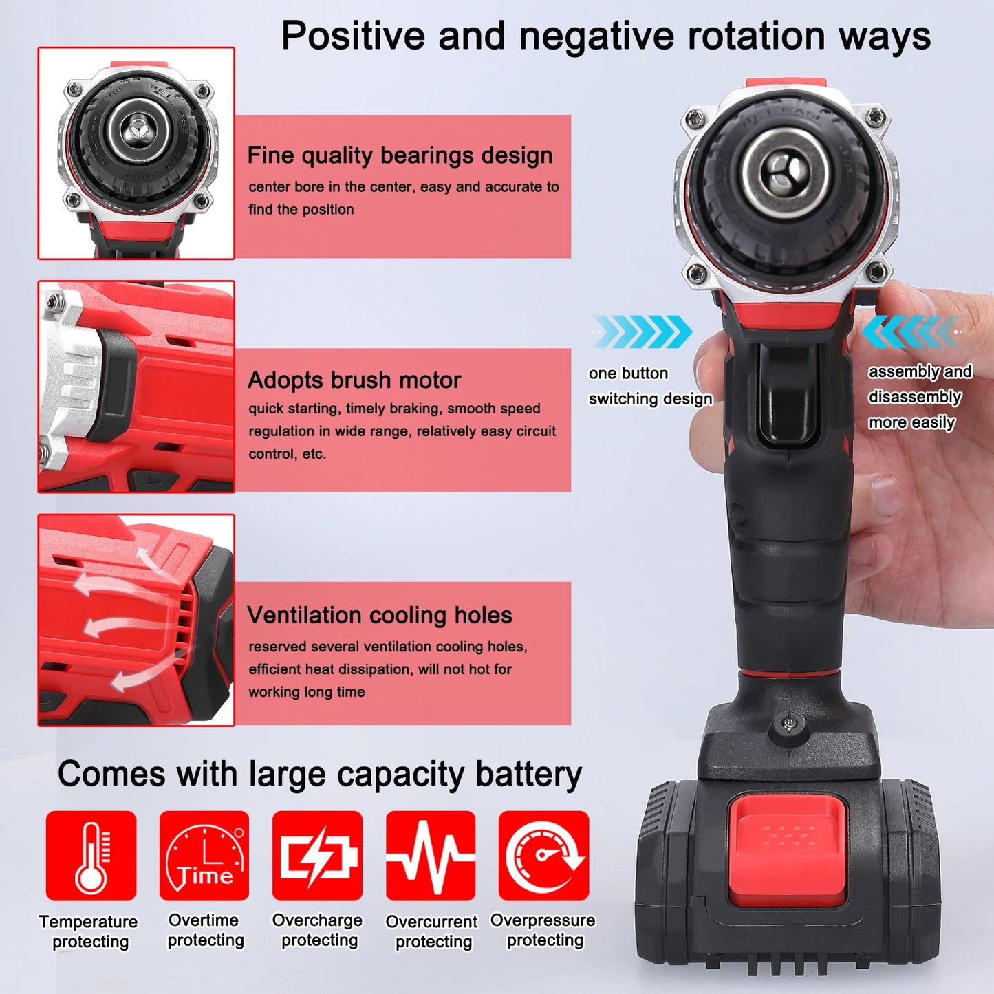 21V Electric Drill Brush Motor 2 Speed Control Stepless Speed Regulation Rotation Ways 25 Gears Torques Adjustable Lithium Drill