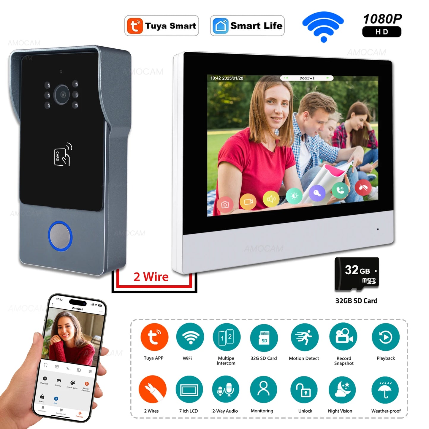 2 Wires Video Intercom System, 7“ Wireless WIFI Monitor 1080P Doorphone Camera Video Doorbell Code Password IC Card Tuya Unlock