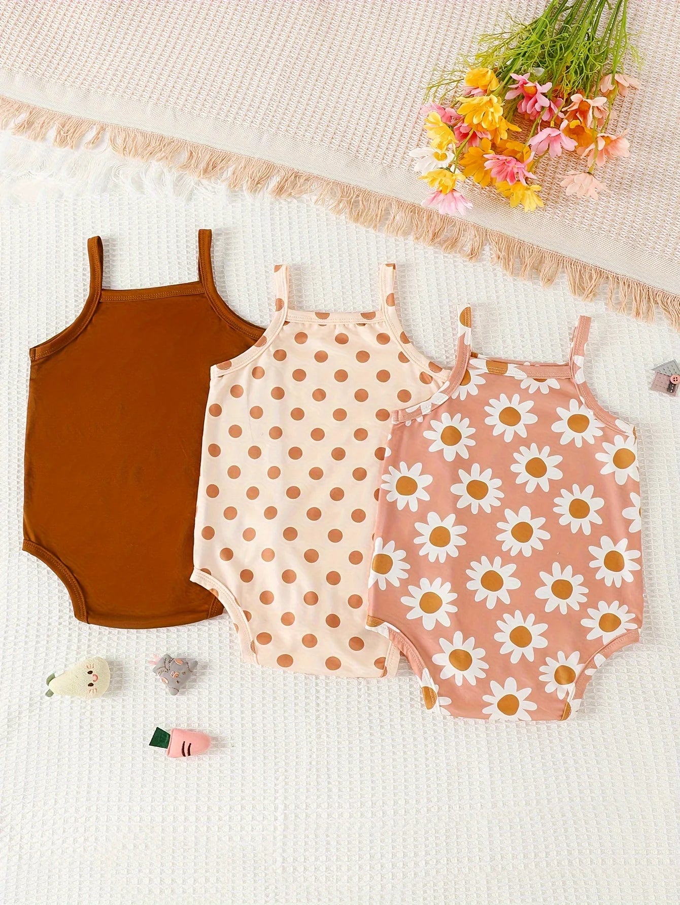 Summer Baby Girl Newborn Baby Sling Onesie 3 Pieces Cute Polka Dot Flower Pattern Cool Breathable Comfortable Onesie