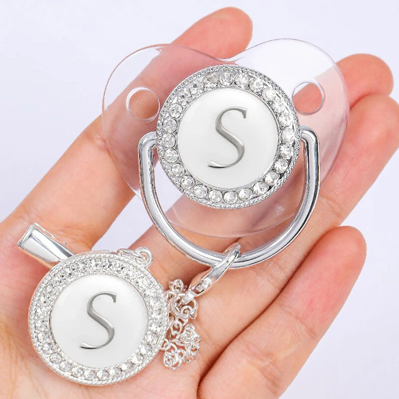 Baby Personalized Pacifier Clip Newborn Luxury Pacifiers Holder Letter Silver Bling Infant Transparent Silicone Teether BPA Free