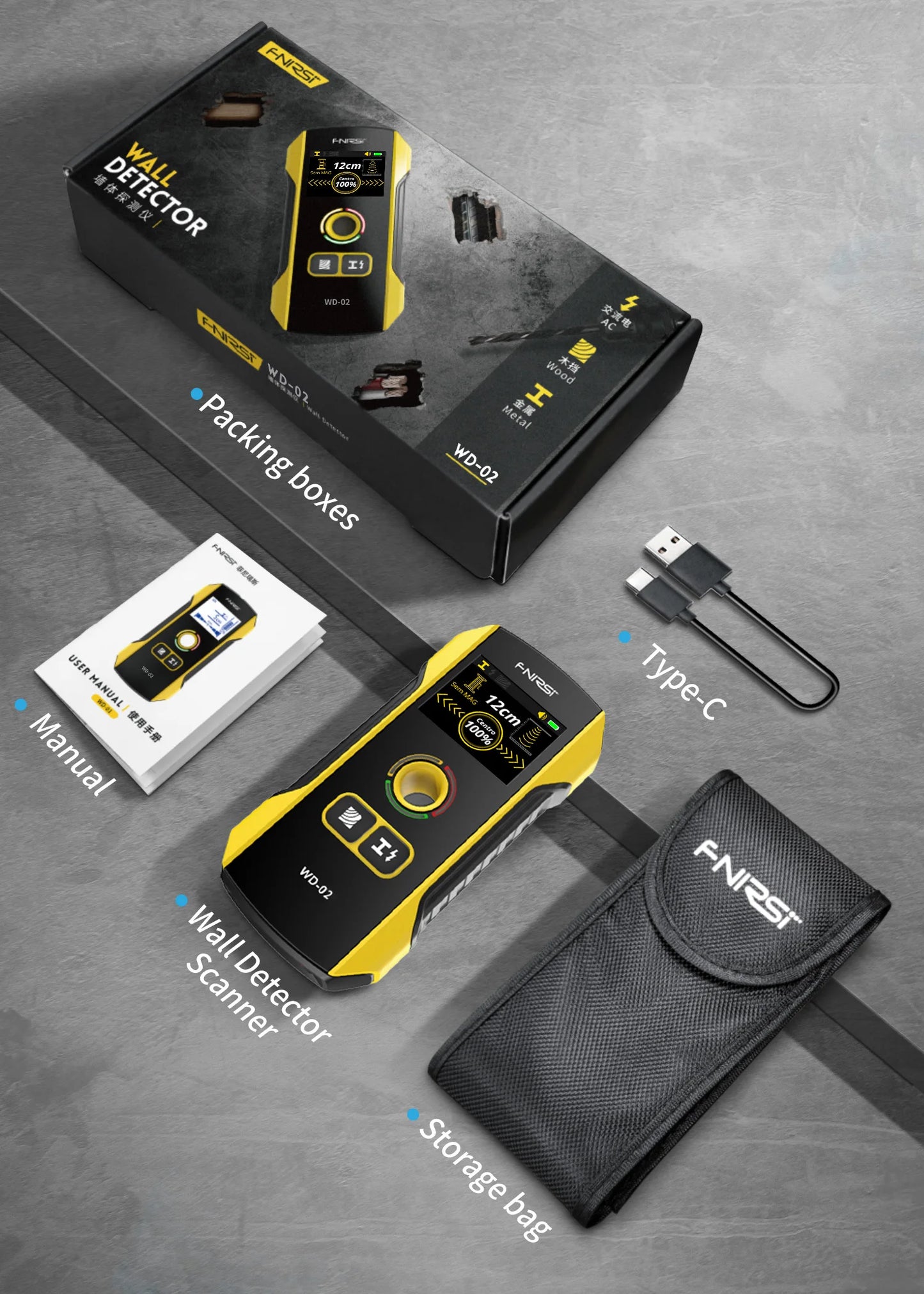 FNIRSI WD-02 Versão em português Detetor de parede Localizador de vigas Cabos CA com carga Vigas de metal Vigas de madeira
