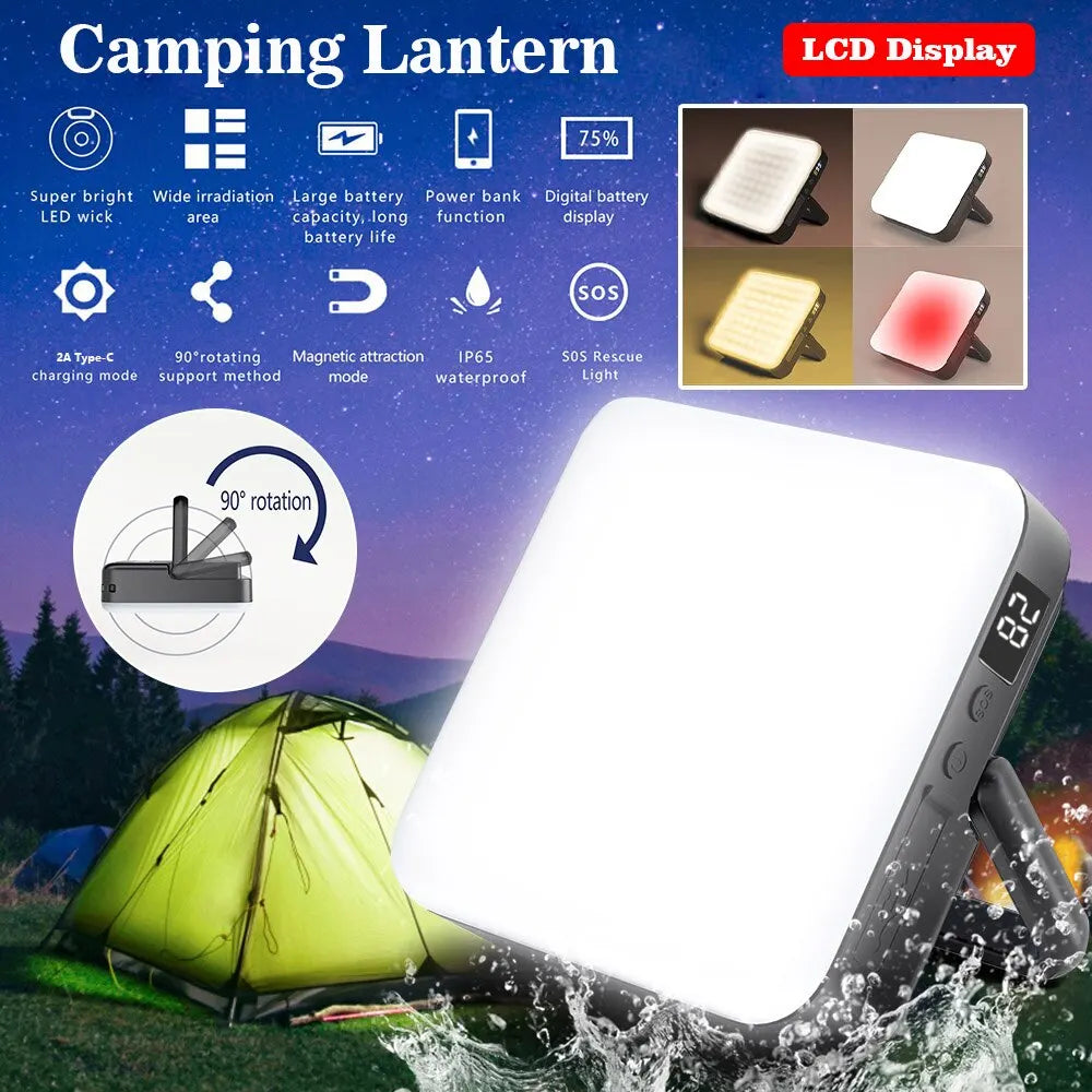 80W LCD Display Rechargeable Camping Lantern Portable Emergency Outdoor Camping Tent Light Flashlight Night Market Light