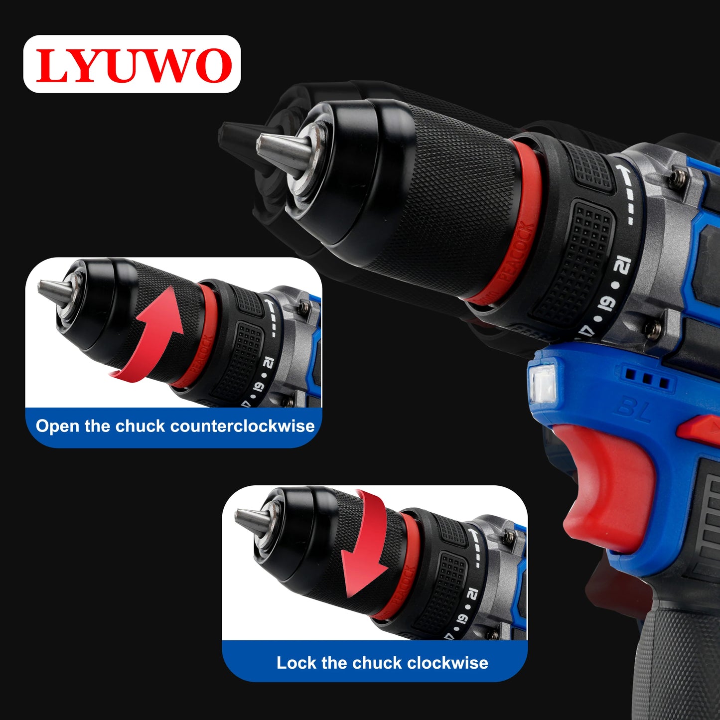 LYUWO 16V Brushless Cordless Drill 70N.m Self-locking Chuck Electric Screwdriver 20+1 Torque Settings 2-Speeds Power Tools
