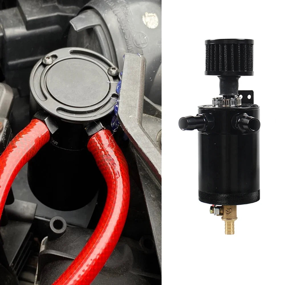 Universal Racing Baffled Aluminum Oil Catch Can Tank 2-Port  Reservoir with Drain Valve Breather Cylinder Filter Kit Black