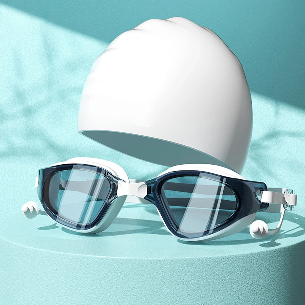 Swimming Goggles Cap Adult HD Anti-fog Swimming Goggles Set Waterproof Silicone Swim Glasses with Earplugs Anti-UV Swim Eyewear