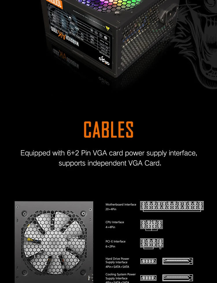 Aigo AK PC PSU Power Supply Unit 500W 600W 700W 800W 1000W Gaming 120mm RGB Fan 220V ATX Desktop computer Power Supply for BTC