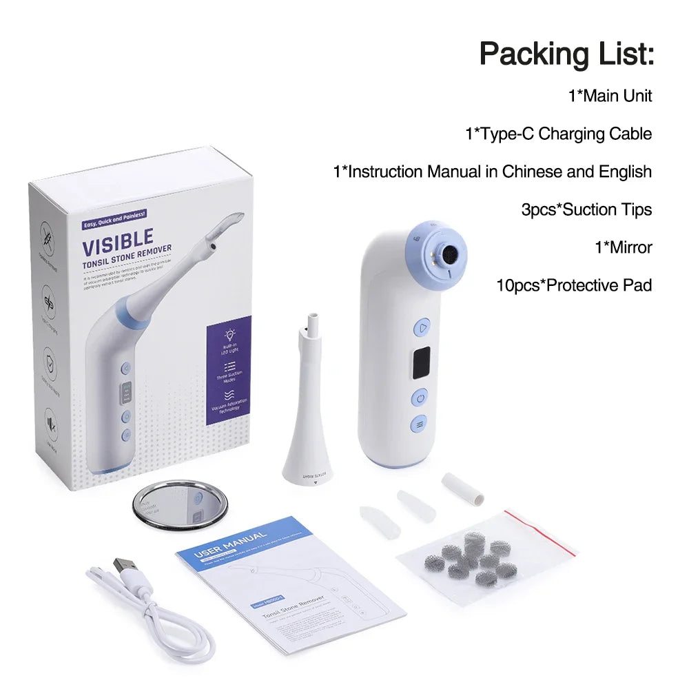 Electric Visible Vacuum Tonsil Stone Remover Kit with 3 Suction Modes Oral Care Tool for Tonsil Stones Removal Oral Fresh Care