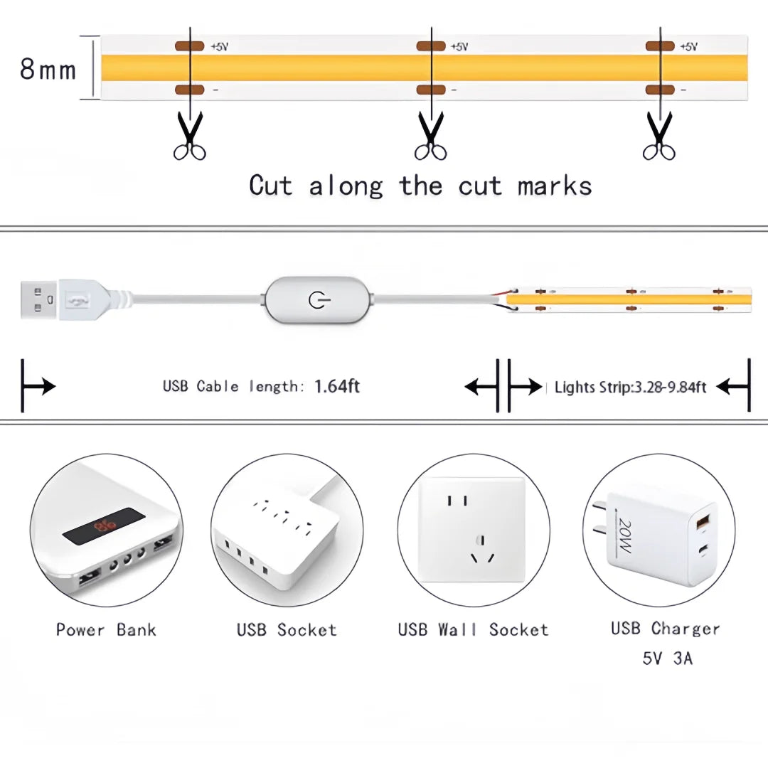 COB LED Lights Strip USB 5V Flexible LED Lights Room Decor Tape Ribbon Smart Touch Sensor Dimmer Switch 320Led Linear Backlight