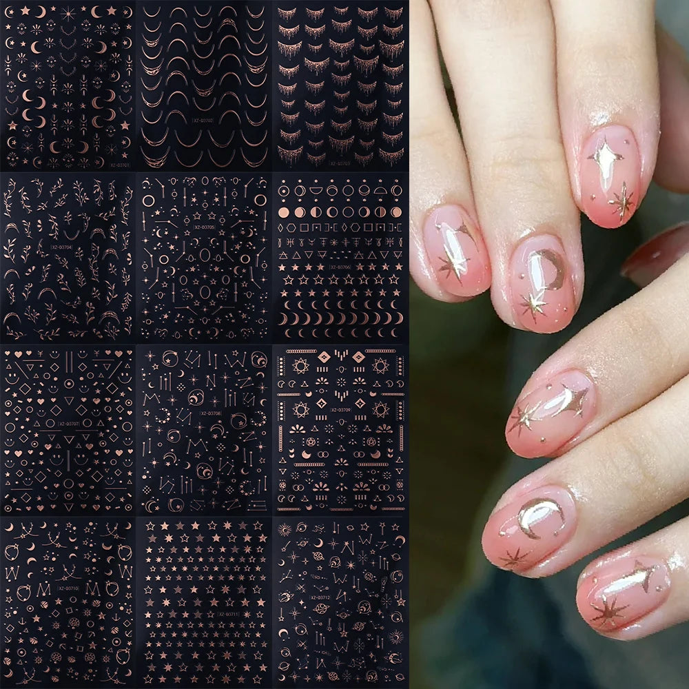 12Pcs Gold/Silver Tasse/Line/Star/Moon 3D Nail Art Stickers Leaf/Geometric Design Self-adhesive Sliders Luxury Manicure Decals