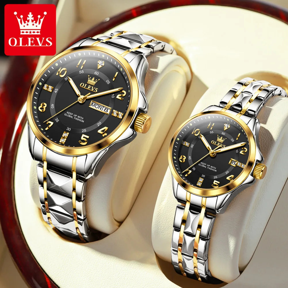 OLEVS 2910 Luxury Men Women Couple Watch Dual Calendar Display Waterproof Stainless Steel Clock Gold Diamond Couple Quartz Watch