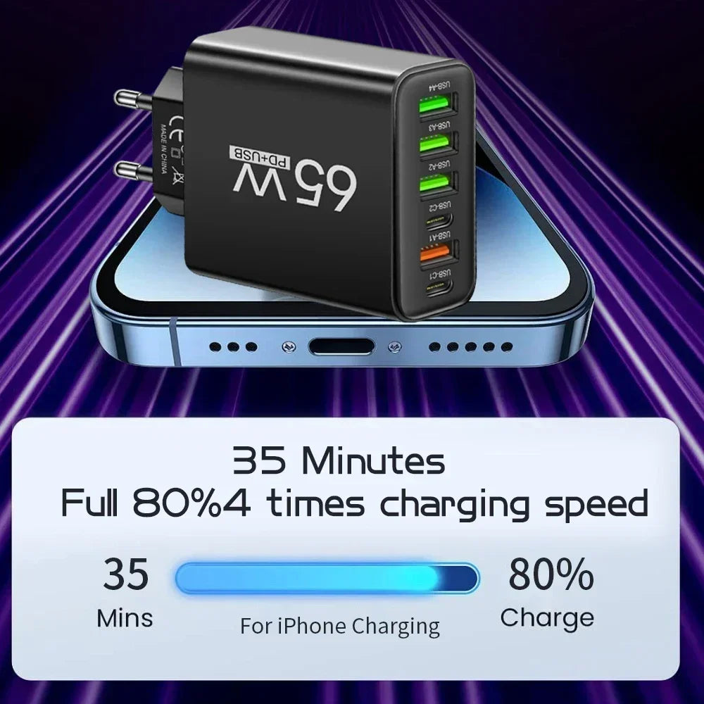 Multi Ports USB Charger 65W 6 in 1 Fast Charging Type C Phone Adapter For iPhone Samsung Xiaomi Huawei EU/US Plug Wall Charger