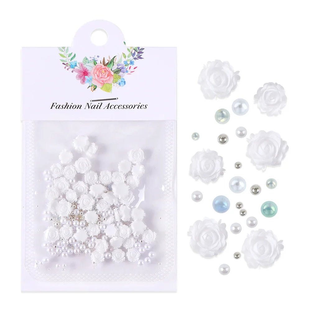 30 pcs gradient carved rose nail ornaments with steel bead pearl nail accessories
