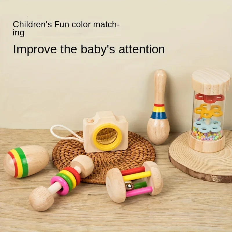 Wholesale Wooden Kids Rattle Six in One Rotating Musical Instruments High Quality Baby Toy with Rain Sound