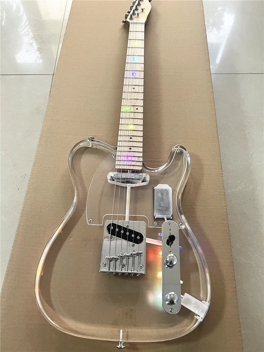 High quality classic acrylic transparent Plexiglass crystal 6-string electric guitar LED lights Maple guitar neck Free shipping