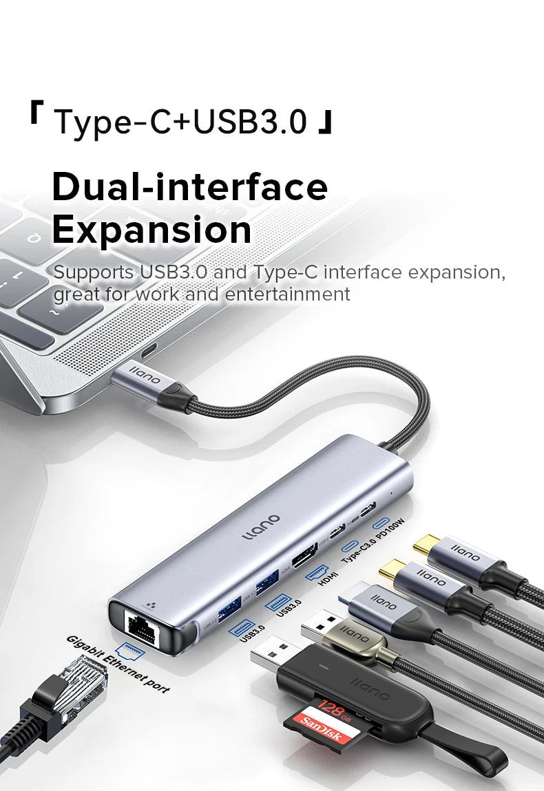 Llano USB-C Hub, 6 in 1 USB C Docking Station with 4K/60Hz HDMI, 100W PD Charging, 1000Mbps LAN, USB-C & USB-A 5Gbps Data Ports