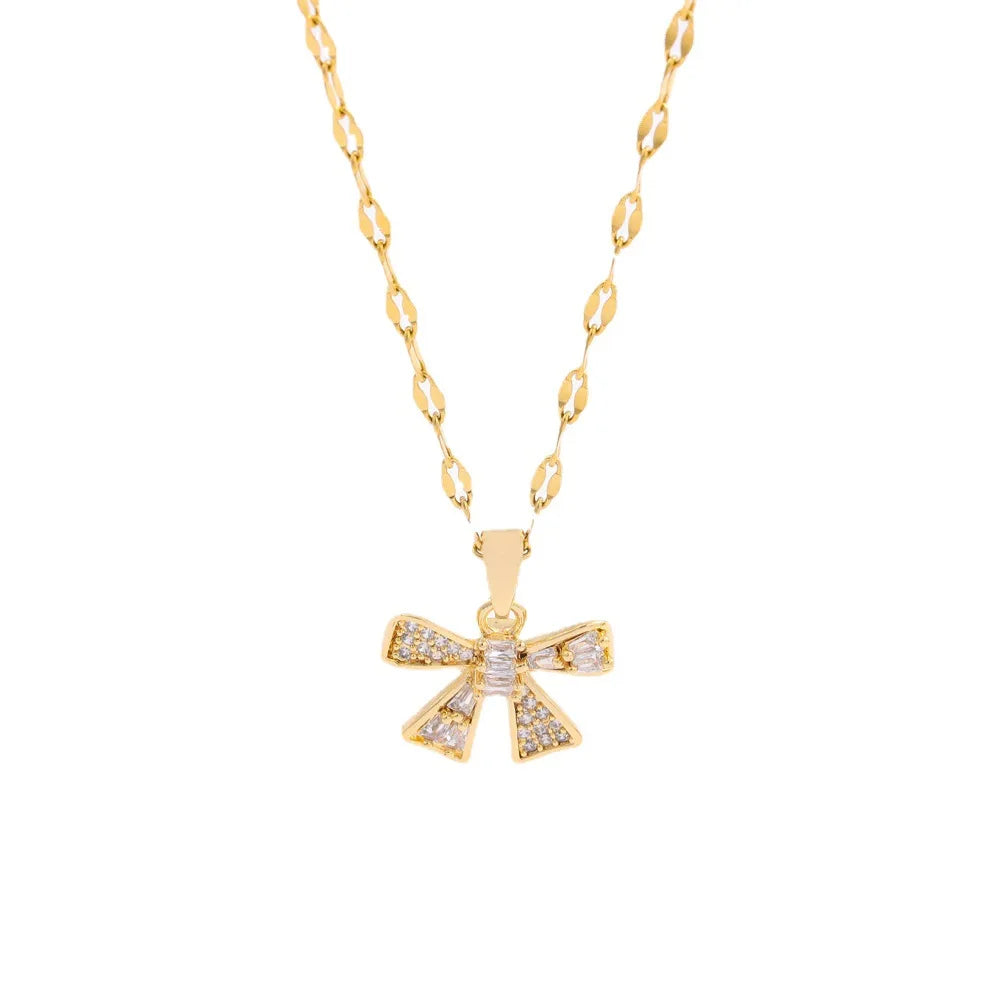 New Fashion Sweet Zircon Crystal Bowknot Pendant Necklaces For Women Temperament Gold Color Stainless Steel Neck Chain Jewelry