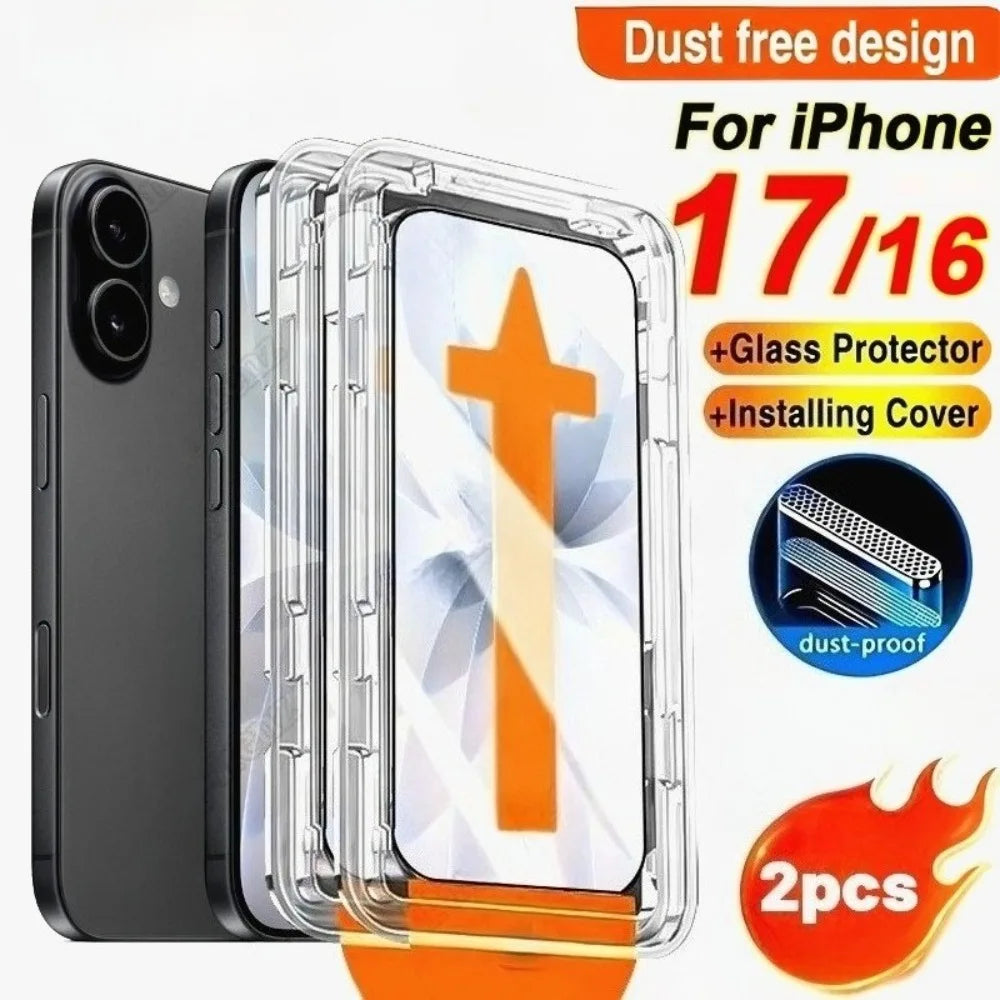 2Pcs Ultra HD Tempered Glass For iPhone 17 16 15 Pro Max Air 16e 15 Plus 14 13 12 11 Pro XR XS Max Dust Free Easy Install Glass