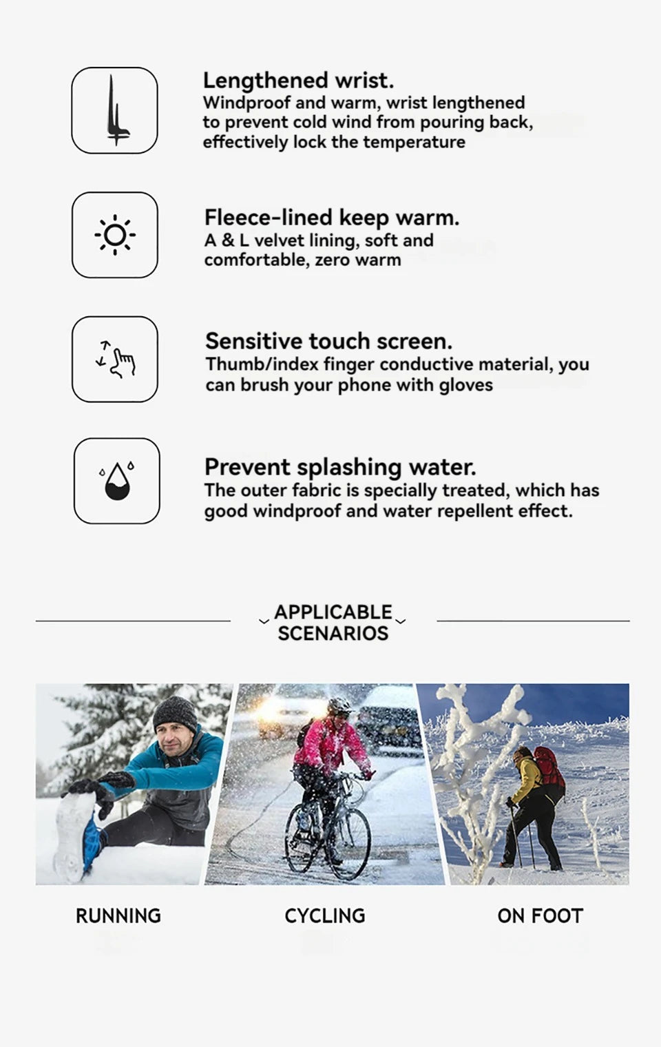 NOFOXO 1Pair Winter Thermal Bike Gloves Touch Screen Water Resistant Windproof Cycling Driving Hiking Skiing Running Men Women