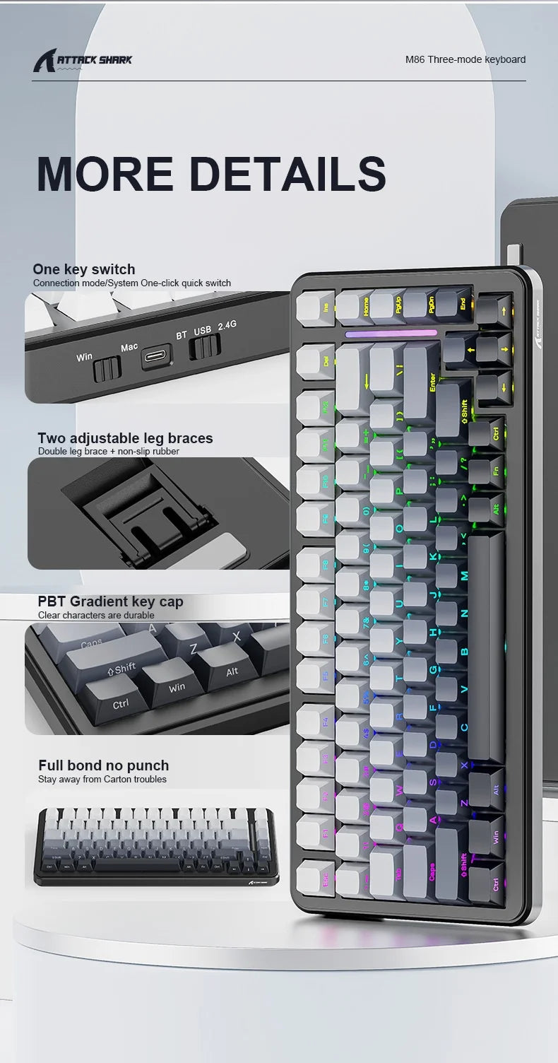 Attack Shark M86rgb Three-Mode Wireless Bluetooth Hot Plug Engraving Mechanical Keyboard Blueberry Axis Surprise Gift
