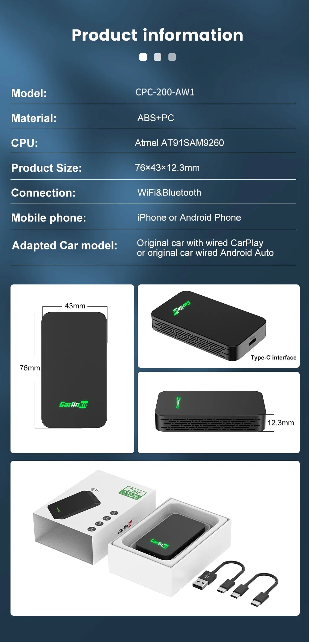 CarlinKit 5.0 Wireless CarPlay Android Auto Adapter 3 in 1 Wireless Car Adapter for Mazda Toyotal Peugeot Volvo Kia Spotify