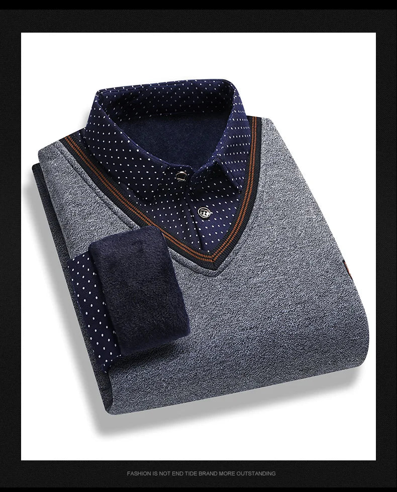 Men's Plush Sweater Autumn Winter Fake Two Piece Pullover Polo Shirt Collar Fleece Thick Warm Top Clothes Casual Jumpers