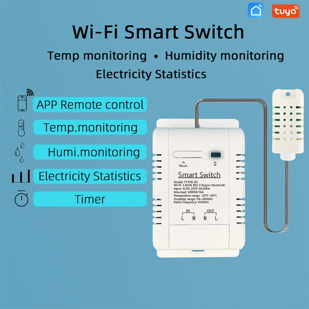 Tuya WiFi Switch 16A 3000W Wireless Control with Power Consumption Monitoring Temperature and Humidity Thermostat Alexa