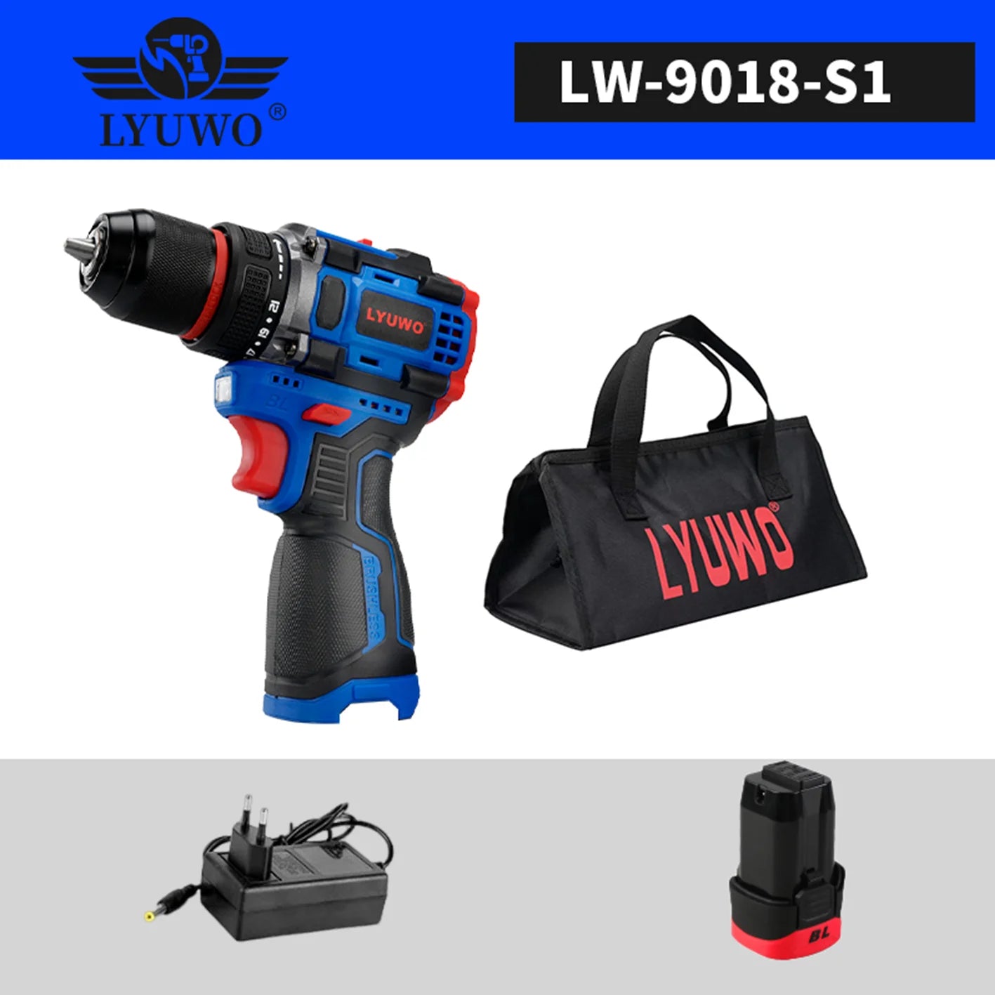 LYUWO 16V Brushless Cordless Drill 70N.m Self-locking Chuck Electric Screwdriver 20+1 Torque Settings 2-Speeds Power Tools
