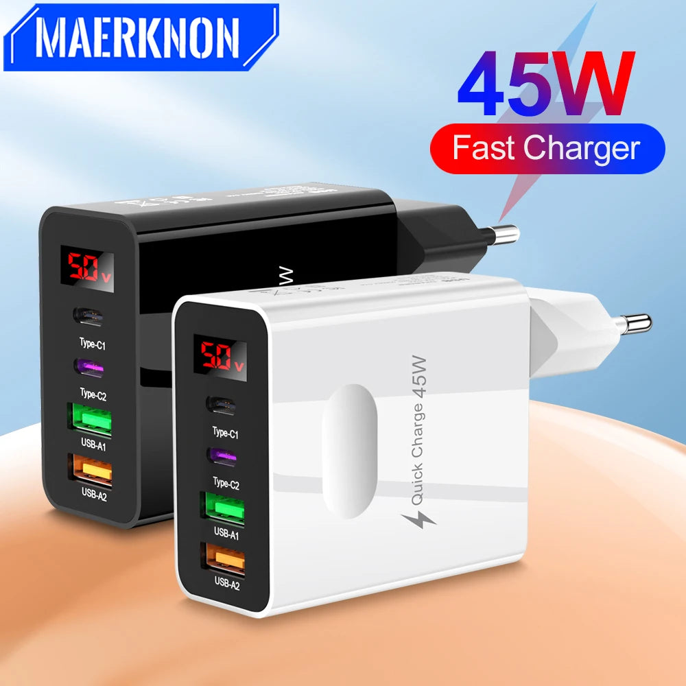 45W USB C Charger QC3.0 Type C PD Fast Charging with Digtal Display Charger Quick Charge Phone Adapter for iPhone Samsung Xiaomi