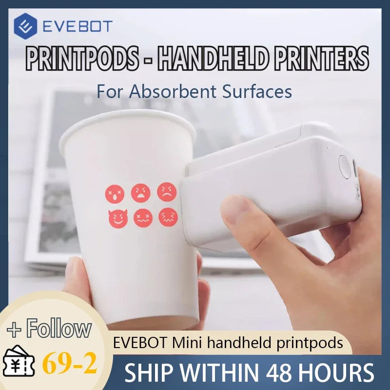 Evebot PrintPods Handheld Printers for Absorbent Surfaces Mini Wireless Smart Printing Machine Pattern Logo QR Code DIY Tattoos