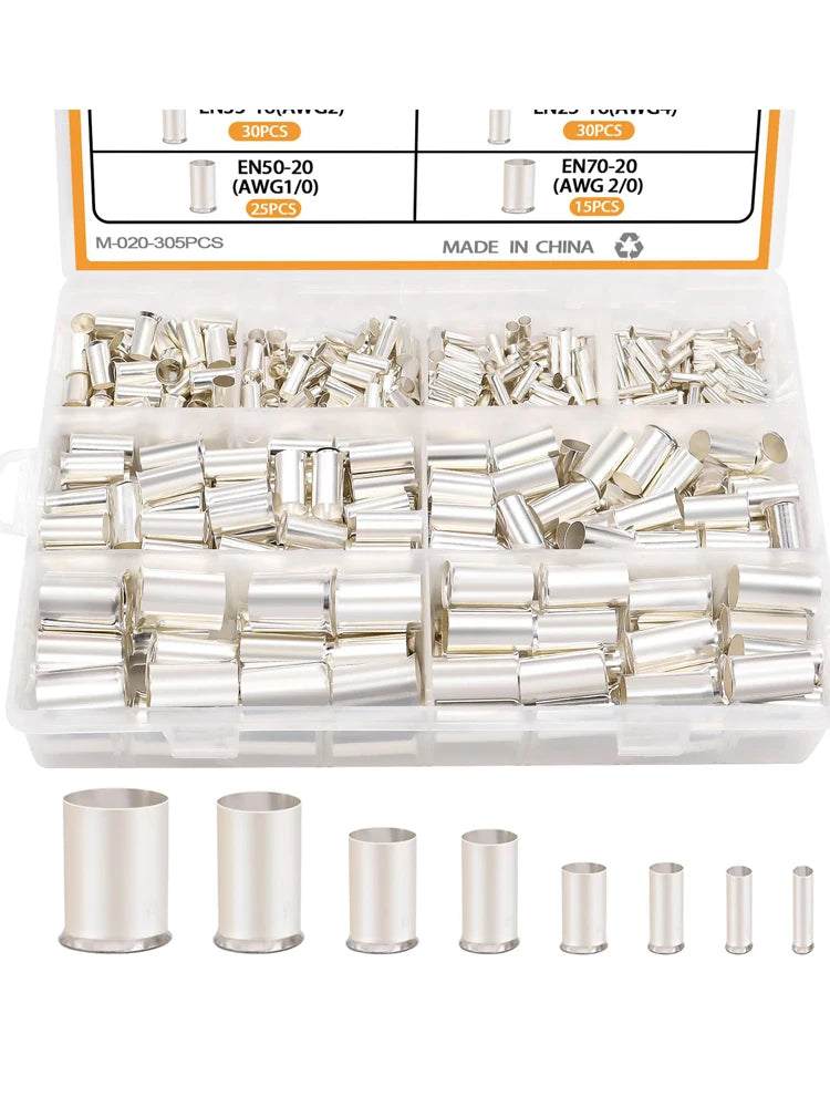 166/305 Pcs Wire Ferrules Kits Silver Plated Copper Crimp Terminal Connector 8 Sizes Sleeves Insulated Cord Pin End Terminal
