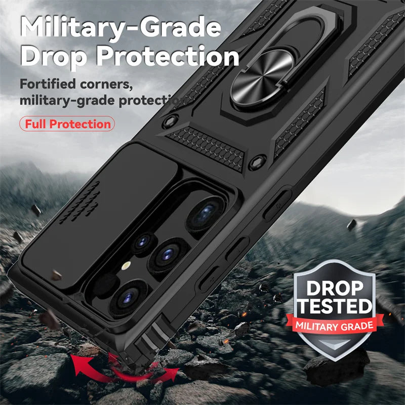 Armor Magnetic Bracket Case for Samsung S25 S24 S23 S22 S21 S20 Note 20 Ultra S10 Plus Slide Camera Protection Shockproof Cover