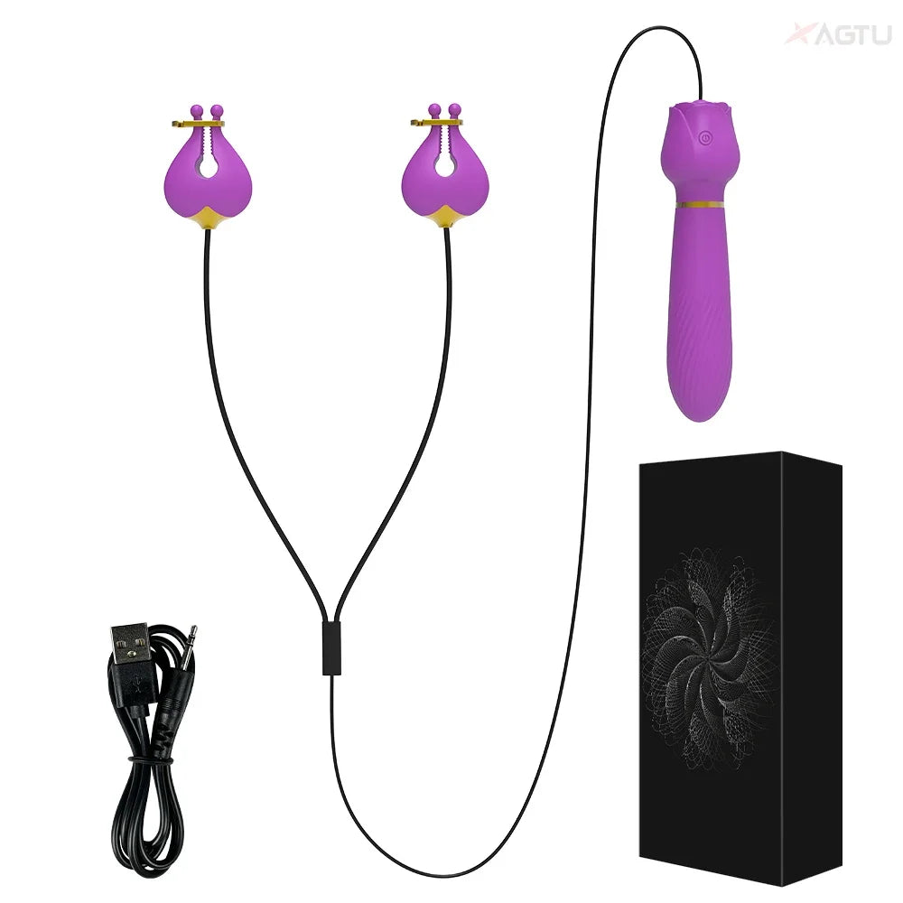 G Spot Vibrator for Women with Nipple Clamps Breast Clips Nipple Clitoral Stimulation Wired Adult Goods Sex Toy for Couple