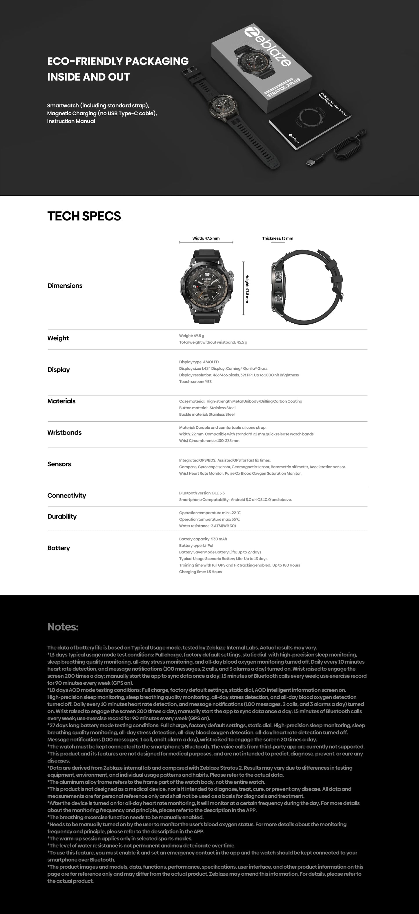 Zeblaze Stratos 2 Plus GPS Sports Smart Watch Built-in Compass Barometric Altimeter 1.43'' AMOLED Display Voice Call Smartwatch