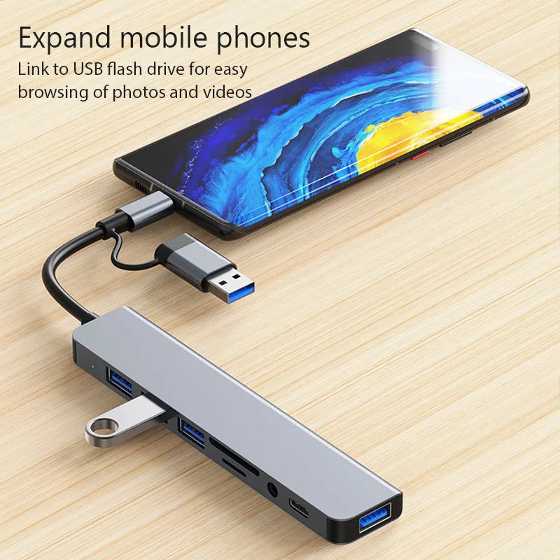 8 In 2 USB HUB With Splitter Card Reader, USB C Port, USB 3.0, SD/TF Splitter Card Reader, Docking Station