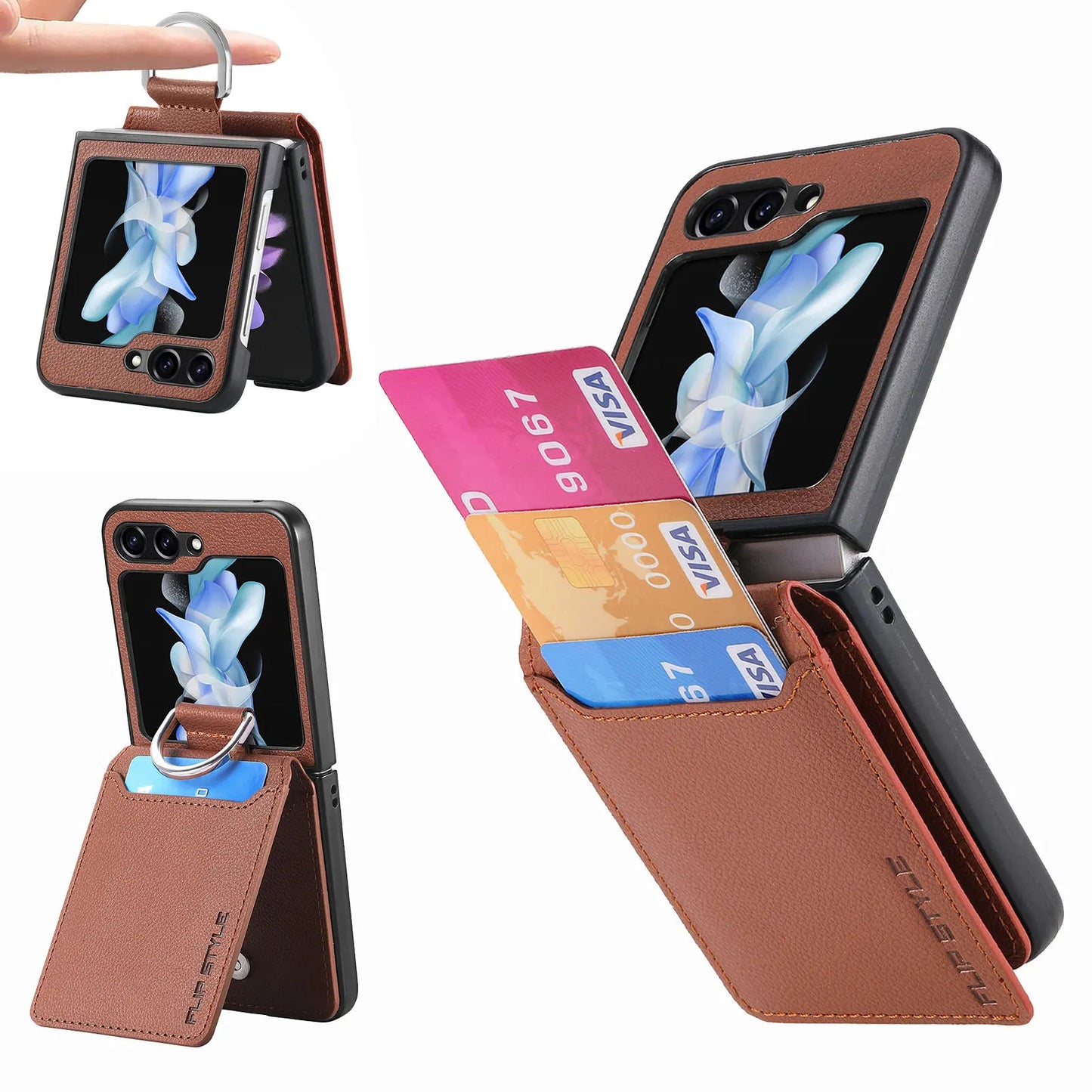 Wallet Phone Case for Samsung Galaxy Z Flip 7 FE 6 5 4 3 Flip7 Flip6 Luxury Leather Ring Women Back Cover with Card Holder LSJG