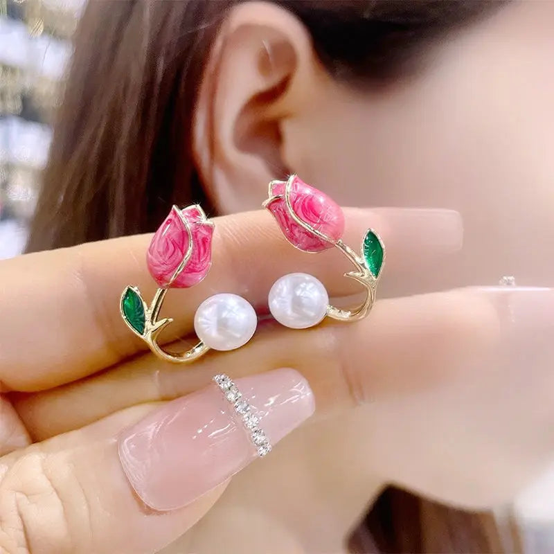 Sweet Fashion Enamel Pearl Tulip Flower Stud Earrings for Women Korean Temperament Zircon Back Hanging Earring Wedding Jewelry