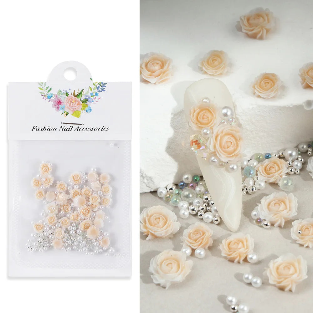 30 pcs gradient carved rose nail ornaments with steel bead pearl nail accessories