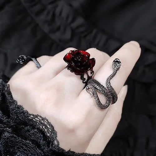 Retro Goth Style Red Rose Opening Rings for Women Punk Personality Crystal Flower Hollow Finger Ring Hip Hop Rock Party Jewelry