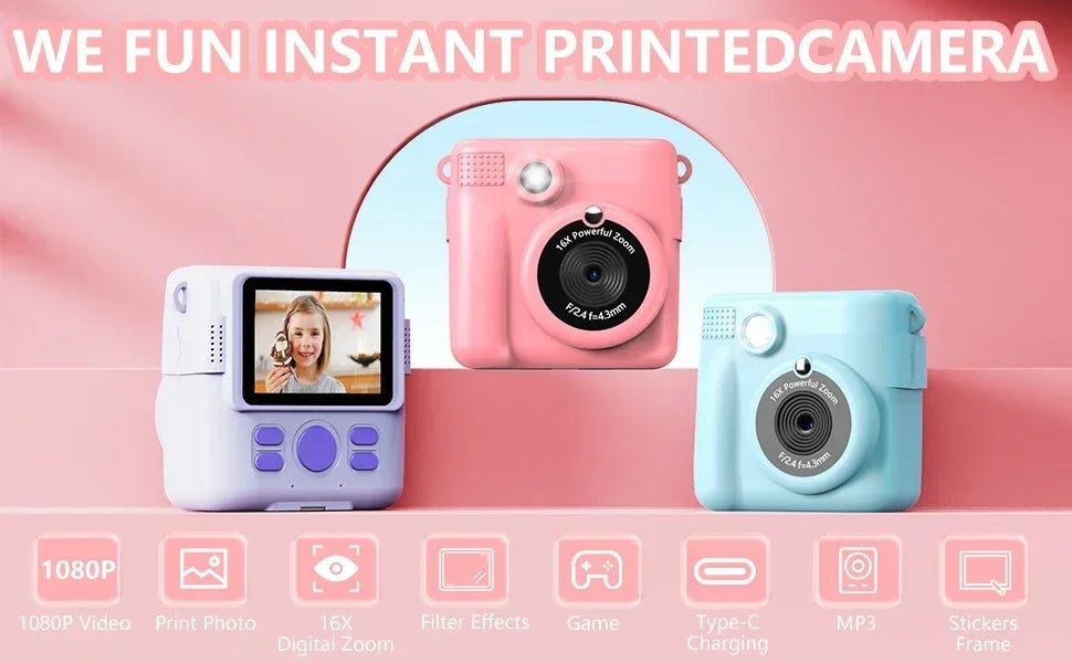 Portable Instant Print Camera for Kids - 1080P HD Video Camera with 3 Rolls Photo Paper and 32GB Card, Perfect Toy for Toddlers