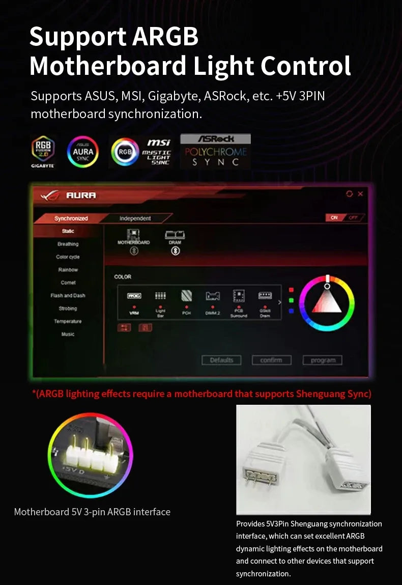 TEUCER JM-5 Case Fan 120mm 5V 3Pin ARGB Mirror Light Effect Cooling Fan PWM 800 to 2000RPM CD Texture Water Cooling Radiator Fan