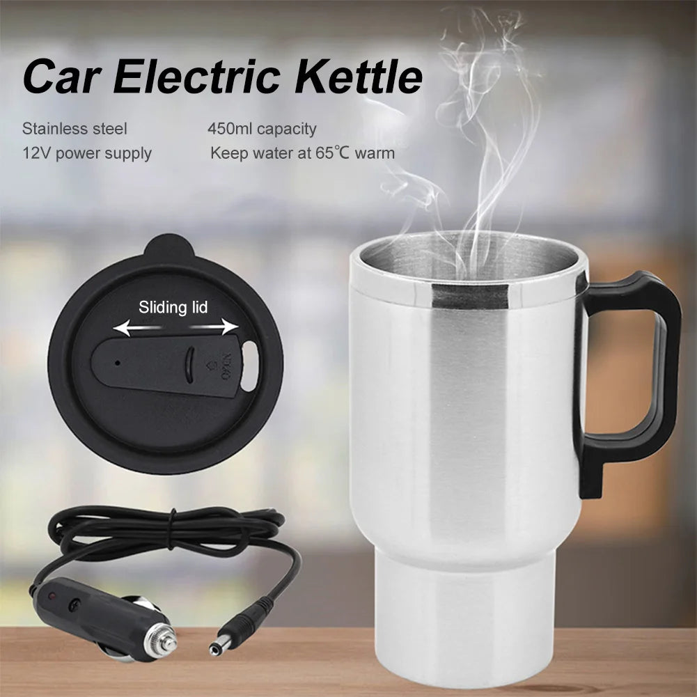 DC 12V Car Electric Kettle 450ml Car Heating Cup Stainless Steel Travel Coffee Mug Double Layer Vacuum Insulation Travel Kettle