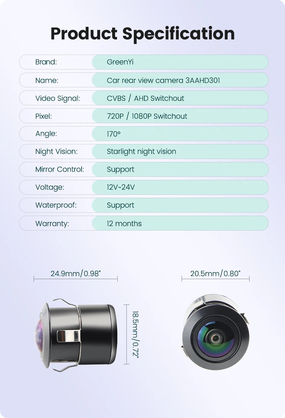 GreenYi AHD1080P Car Front Rear View Back Up Camera 170° Fisheye Lens Full HD Night Vision Vehicle Reverse Camera Universal G301