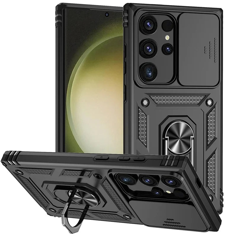 Armor Magnetic Bracket Case for Samsung S25 S24 S23 S22 S21 S20 Note 20 Ultra S10 Plus Slide Camera Protection Shockproof Cover