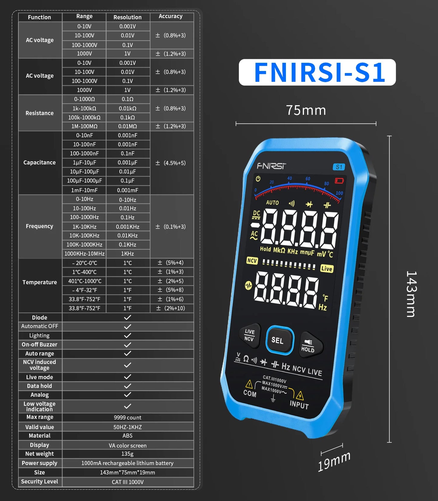 FNIRSI-S1 Digital Multimeter 9999counts AC DC Voltage Resistance Capacitance Diode NCV Hertz Live Wire Tester With Thermocouple