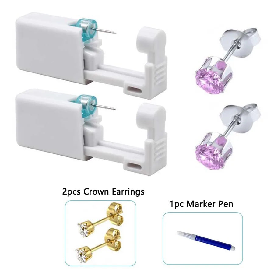 2PCS Disposable Ear Piercing Gun with Built-in Ear Studs & 2pcs Cubic Zirconia Earrings-For Home Use Ear Piercing Kit