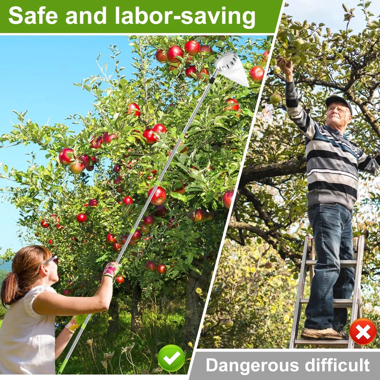 Fruit Picker Machine Stainless Steel Splicing Rod Fruit Picking Tools Pick Apple Pear Lemon and Avocado for Farm Orchard Tools