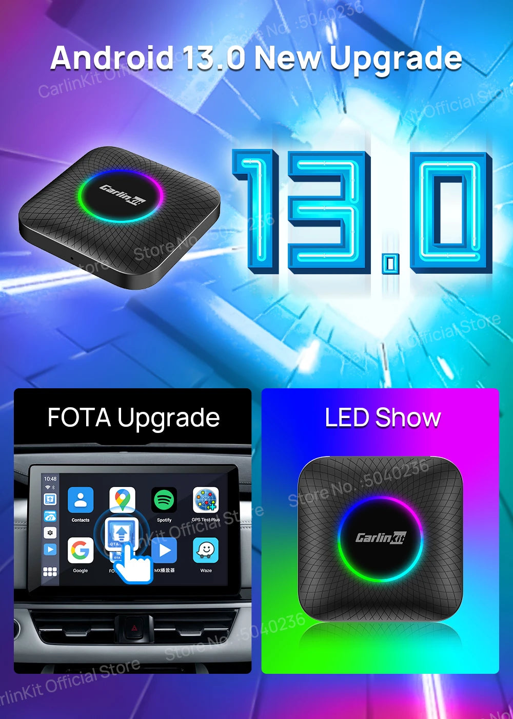 CarlinKit Android 13 SDM660 6225 CarPlay Ai Box LED 8-Cores Wireless Android Auto& CarPlay Car USB Adapter 64G 128G FOTA Upgrade